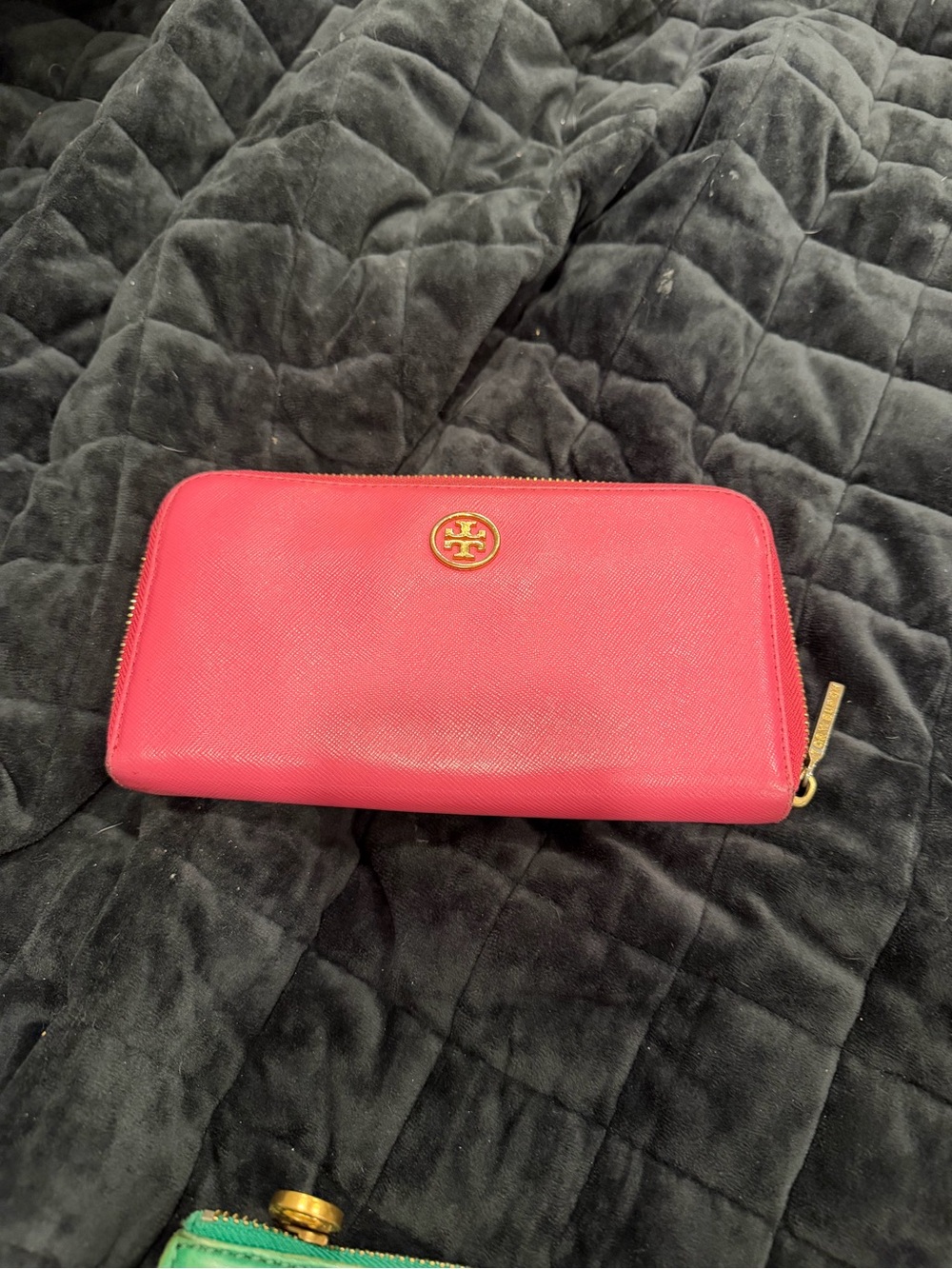 Tory Burch Bright Red Zip-Around Leather Wallet with Gold Logo